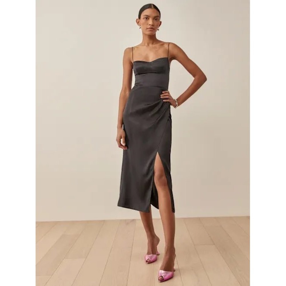 Reformation Marguerite Black Silk Satin Sweetheart Neck Multi-Strap Midi Dress 8